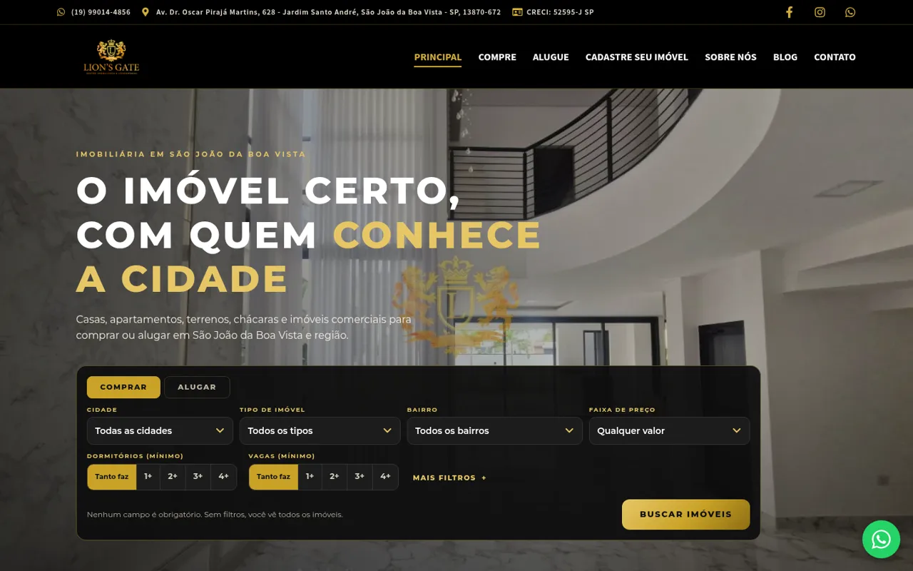 Tela do site Lions Gate Imóveis