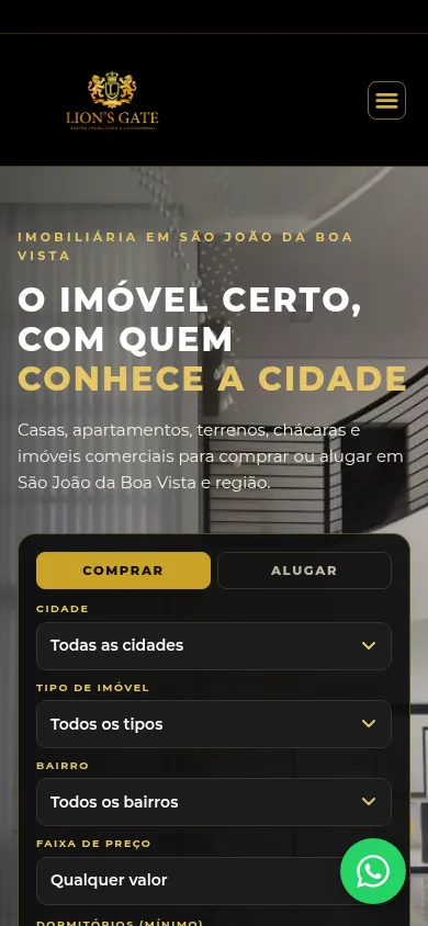 Versão para celular do site Lions Gate Imóveis